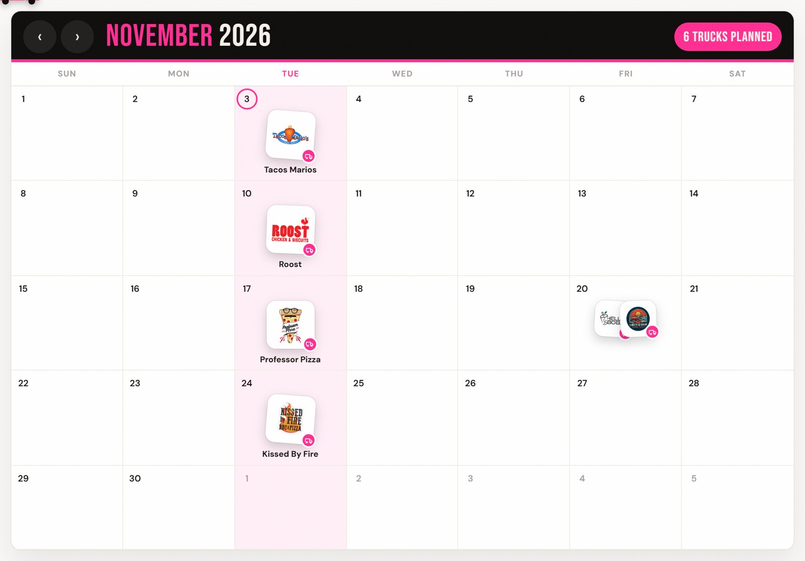 A month calendar with a different food truck each Tuesday and two dessert vendors on a Friday